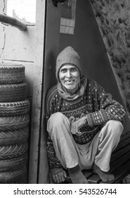 NEW DELHI, INDIA - DECEMBER 25, 2016: Shop Keeper Portrait In Black And White.