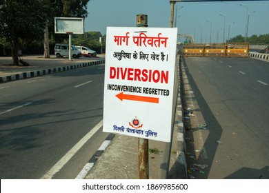 New Delhi, India- December 8 2020: A Traffic Diversion Board Of Delhi Traffic Police. 