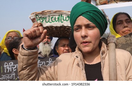 New Delhi, India, Feb 10, 2020: An Indian Farmers Elderly Woman Protest Against BJP Government New Three Farm Laws At Sonipat Delhi Haryana Border. Protester Demand Legal Minimum Support Price.