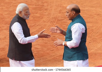 NEW DELHI, INDIA - Feb. 25, 2020: Indian Prime Minister Narendra Modi And Defence Minister Rajnath Singh At The Rashtrapati Bhawan.