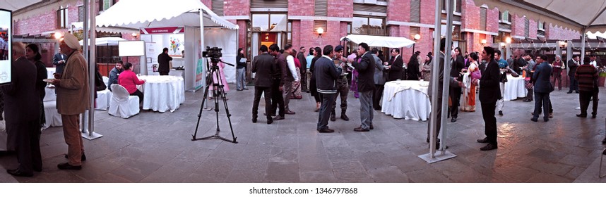 New Delhi, India - February 09, 2019: Panoramic Shot Of People Interacting At A Business Networking Event. 