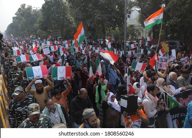 New Delhi, India - February 10,2020: Protesters During The Ongoing Protests Against The Citizenship Amendment Act 2019 (CAA) And NRC In New Delhi.