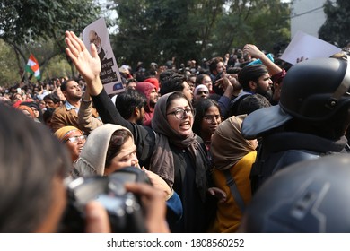 New Delhi, India - February 10,2020: Protesters During The Ongoing Protests Against The Citizenship Amendment Act 2019 (CAA) And NRC In New Delhi.