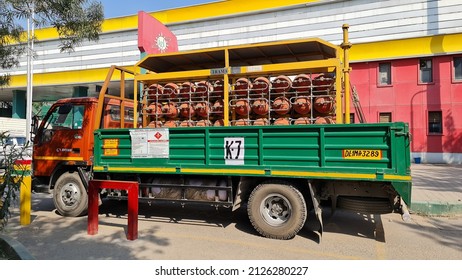 New Delhi, India - February 18 2022: CNG cylinder cascade truck for filling stations.