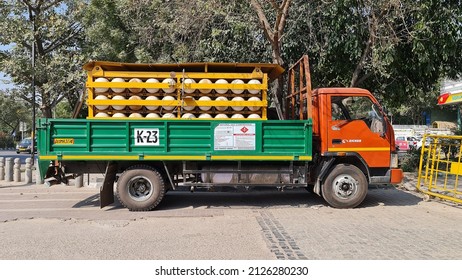 New Delhi, India - February 18 2022: CNG cylinder cascade truck for filling stations.