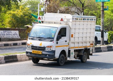 New Delhi, India - February 25, 2022: White Indian Minitruck Tata Ace XL In A City Street.