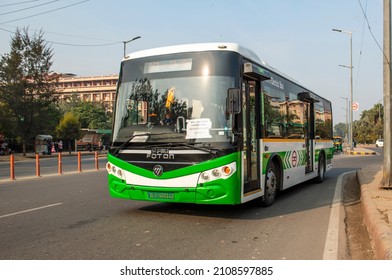 New Delhi, India- Jan 01 2022: An Electric Bus Passing Through  Lutyens Delhi. 