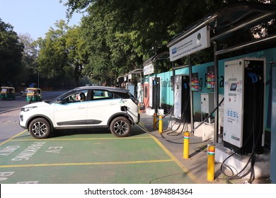 New Delhi - India - Jan 10, 2021: Drivers Electric Car Charging Station, This Charging Stations Around Government Offices Have Been Used By Government Fleet Vehicles.