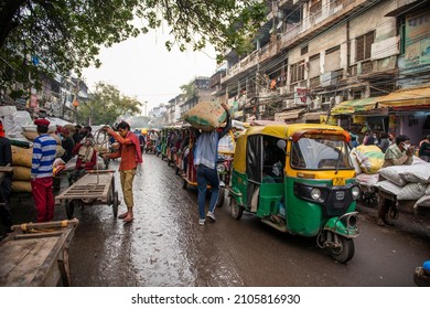 New Delhi, India- Jan 10 2022: A View Of Traffic Jam On A Narrow Street In Khari Baoli Market, Chandni Chowk, Old Delhi.