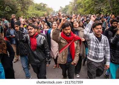 New Delhi, India- Jan 6 2020: Vice President Saket Moon And Others Student Shout Slogans During A Demonstration In Support Of Jawaharlal Nehru University (JNU) Students For Their Ongoing Protest