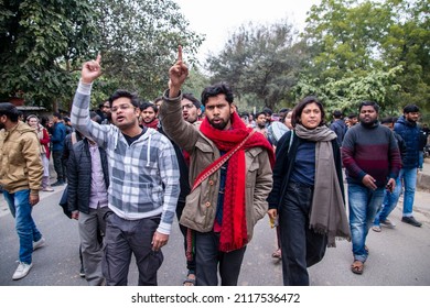 New Delhi, India- Jan 6 2020: Vice President Saket Moon and others Student shout slogans during a protest in support of Jawaharlal Nehru University (JNU) students for their ongoing protest
