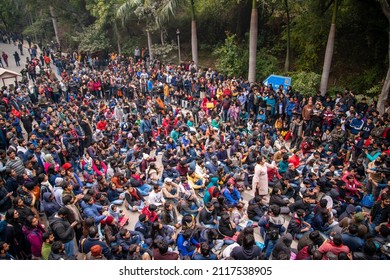 New Delhi, India- Jan 6 2020: Students Stage A Protest At Main Gate Of JNU Over Violence In University, Mob Of Masked Young People Stormed The JNU Campus And Systematically Targeted Student In Hostel.