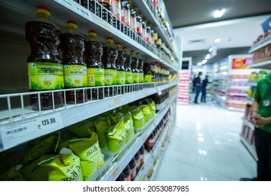 New Delhi, India- Jan 7 2020: Patanjali Mustard Oil Bottle In Largest Hypermarket In India.