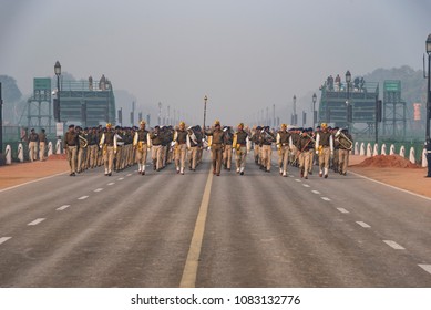 New Delhi, India - January 20, 2018: A Group Of Indian Defence Personnel Performing March Near The India Gate.