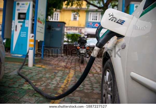 New Delhi, India, January 4\
2021: Electric Vehicle charging point for electric cars in Khan\
Market.