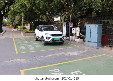 New Delhi - India - July 25, 2021: Drivers Electric Car Charging Station, This Charging Stations Around Government Offices Have Been Used By Government Fleet Vehicles.