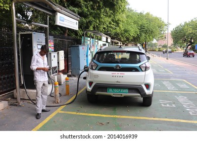 New Delhi, India - July 25 2021 : Drivers Charging Their Electric Car , This Charging Stations Around Government Offices Have Been Used By Government Fleet Vehicles,