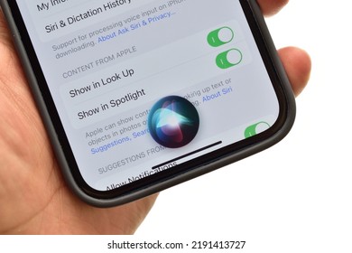 New Delhi, India - July 8, 2022: Siri On Iphone, Voice Command Siri