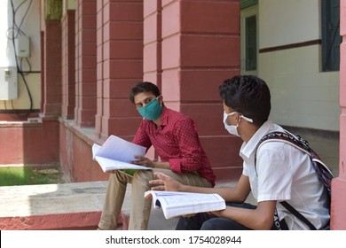 New Delhi, India. June ,10, 2020. Indian Student With Green Mask Making Social Distancing In India, New Normal Life Activity After Coronavirus 