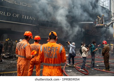 New Delhi, India- June 12 2021: Team Members Of National Disaster Relief Force NDRF Waiting In Standby, Precautionary Measures Taken,  A Major Fire Broke Out Of Shops In Lajpat Nagar Market. 