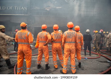 New Delhi, India- June 12 2021: Team Members Of National Disaster Relief Force NDRF Waiting In Standby, Precautionary Measures Taken,  A Major Fire Broke Out Of Shops In Lajpat Nagar Market. 