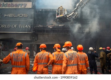 New Delhi, India- June 12 2021: Team Members Of National Disaster Relief Force NDRF Waiting In Standby, Precautionary Measures Taken,  A Major Fire Broke Out Of Shops In Lajpat Nagar Market. 