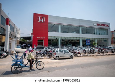 New Delhi, India, June 21 2021:  Honda Car Showroom At Patparganj New Delhi Area, Honda Motor Company Ltd. Is A Japanese Public Multinational Car Manufacturer.