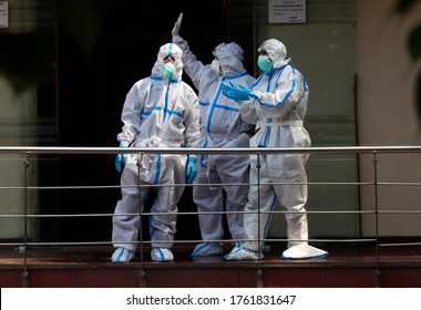 New Delhi, India June 23, 2020: Indian Covid19 Hospital Medial Staff, Health Workers Wearing PPE Kit Coveralls Seen At City Hospital,  Designated For Covid-19 Patient In Delhi, Health Warrior Protect 