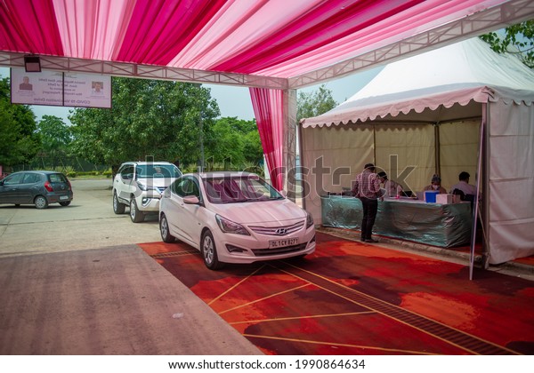 New Delhi, India-\
June 7 2021:  drive through Covid-19 vaccination centre, organised\
by private hospital. 