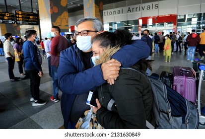 New Delhi, India, March 03, 2022: Indian Student Studying In Ukraine Meet With Family Members Upon Her Arrival At Indira Gandhi International Airport. Operation Ganga To Evacuate Indian Nationals.  