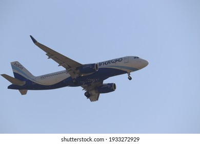 New Delhi, Delhi India- March 07 2021: A Big Passenger Plane Flying In The Clear Blue Sky. Airplane Crash Investigation Is Done With Black Box.