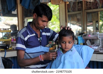 New Delhi, India - March 10, 2015: A Traditional Barber Shop. Indian Barber.