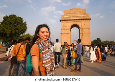 New Delhi / India - March 15, 2020: East Asian Young Woman (Chinese Ethnic) Tourist In Front Of India Gate Monument In The Capital Of India