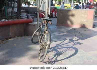 New Delhi, India - March 22 2019: Bicycle Parked Near Palika Bazaar In CP