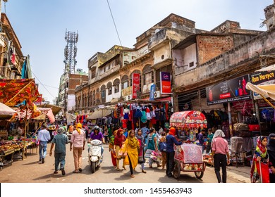 NEW DELHI, INDIA - May 14 2019: Busy Crowded Street Market  In India, India
