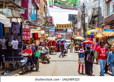 NEW DELHI, INDIA - May 15 2019: Chaotic Traffic In Old Delhi Chandni Chowk Market, Street With People And Traffic In Delhi , India.