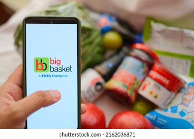 New Delhi, India - May 2022 :  Close Up Shot Of Mobile Application BigBasket, Contactless Delivery At Your Doorstep. Order Online, Get It Delivered At Home.