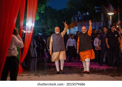 New Delhi; India- May 23 2019: Prime Minister Narendra Modi Shows Victory Sign, Along With The Party President Amit Shah, Arrives At The Party Headquarters To Celebrate Victory In Lok Sabha Elections