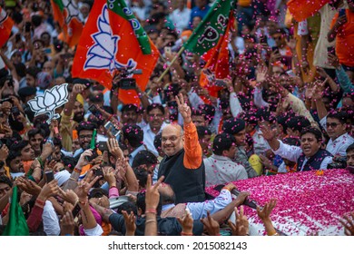 New Delhi; India- May 23 2019: BJP President, Amit Shah Showing Victory Sign At BJP Headquarters After Getting A Lead In 2019 Loksabha Elections At DDU Marg