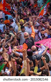 New Delhi; India- May 23 2019: BJP President, Amit Shah Showing Victory Sign At BJP Headquarters After Getting A Lead In 2019 Loksabha Elections At DDU Marg