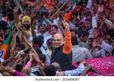 New Delhi; India- May 23 2019: BJP President, Amit Shah Showing Victory Sign At BJP Headquarters After Getting A Lead In 2019 Loksabha Elections At DDU Marg