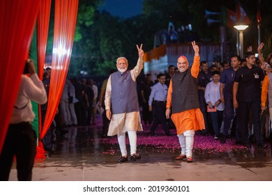 New Delhi; India- May 23 2019: Prime Minister Narendra Modi Shows Victory Sign, Along With The Party President Amit Shah, Arrives At The Party Headquarters To Celebrate Victory In Lok Sabha Elections