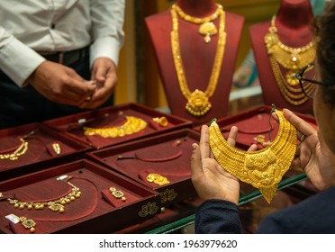 New Delhi, India- November 12 2020:  Variety Of Gold Neckless Display At Jewellery Shop, Of Golden Necklace Set For Sale At A Store