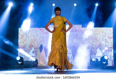 New Delhi, India - November 23 2019 : Indian Female Model Walks The Runway In New Designer Clothes At Fashion Show