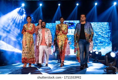 New Delhi, India - November 23 2019 : Indian Young Male And Female Model Walks The Runway In New Designer  Ethnic Clothes At Fashion Show