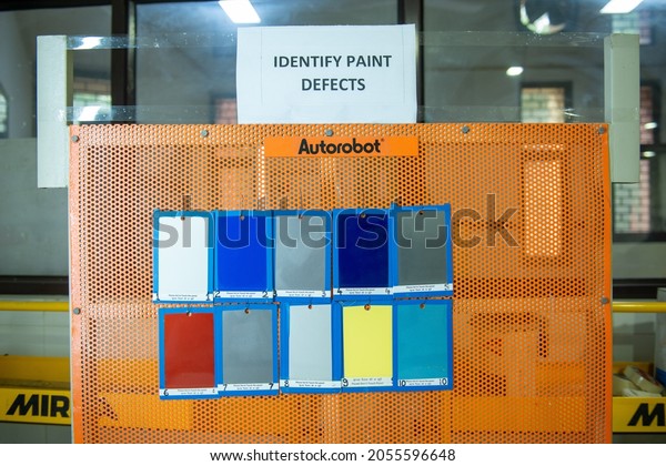 New Delhi, India- oct 5 2021: Identify Paint\
Defects Board, auto repairing work at Industrial Training Institute\
Nizamuddin, Delhi, post secondary schools in India for industrial\
training.