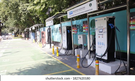 New Delhi / India - Oct 8 2020: Drivers Electric Car Charging Station, This Charging Stations Around Government Offices Have Been Used By Government Fleet Vehicles. EESL ENERGY EFFICIENCY SERVICES LIM