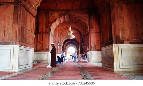 New Delhi, India - October 17, 2017: Jama Masjid in details. New Delhi. The prayer hall in the mosque. Muslims during prayer.