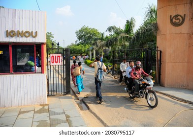 New Delhi, India- Sep 1 2019: Light Traffic On Main Gate Of  The Indira Gandhi National Open University (IGNOU), Central Open Learning University Located At Maidan Garhi, New Delhi, India