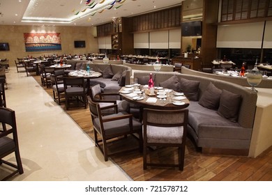 NEW DELHI, INDIA - SEP 11, 2017 - Large Hotel Dining Room, New Delhi, India